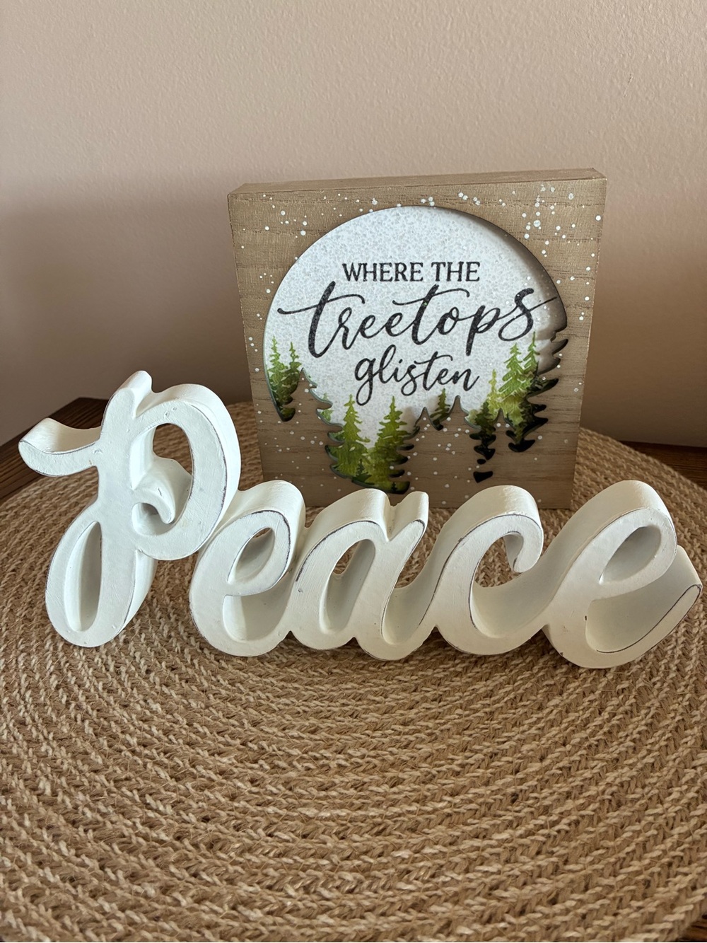 Hobby Lobby White 'Peace' Script with Wood Treetop Holiday Block